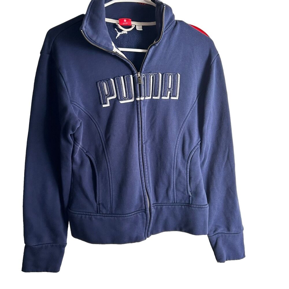 PUMA Hoodie  women blue Long Sleeve Cotton Full Zip Sweatshirt Logo On Back